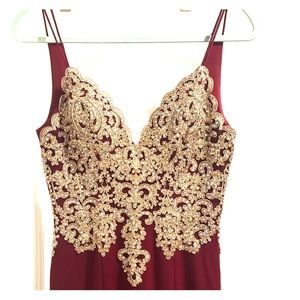 Burgundy and Gold studded evening gown